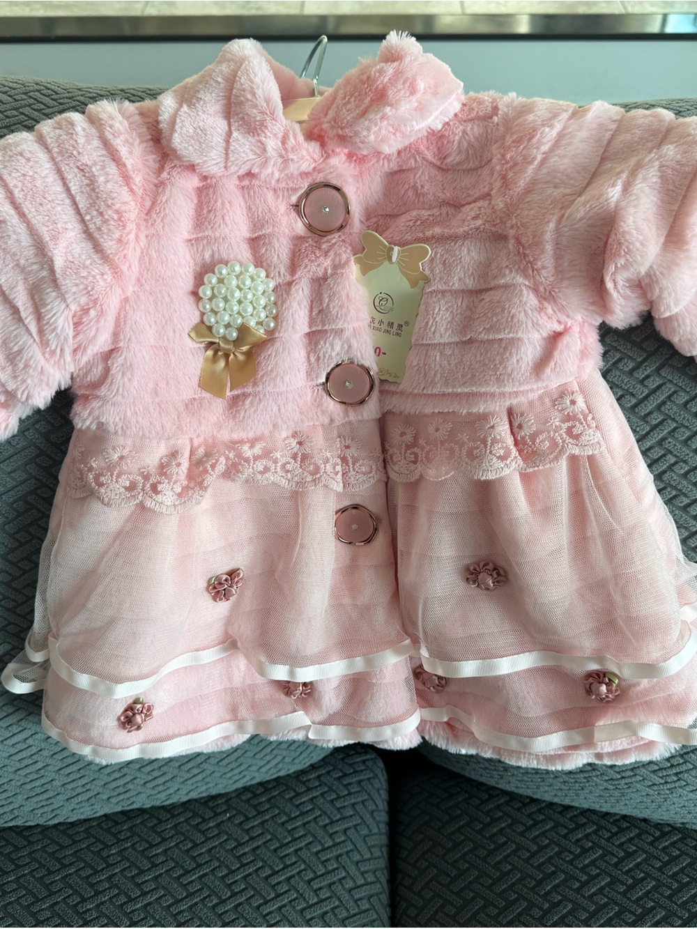 Pink Faux Fur and Lace Baby Coat with Pearl Brooch